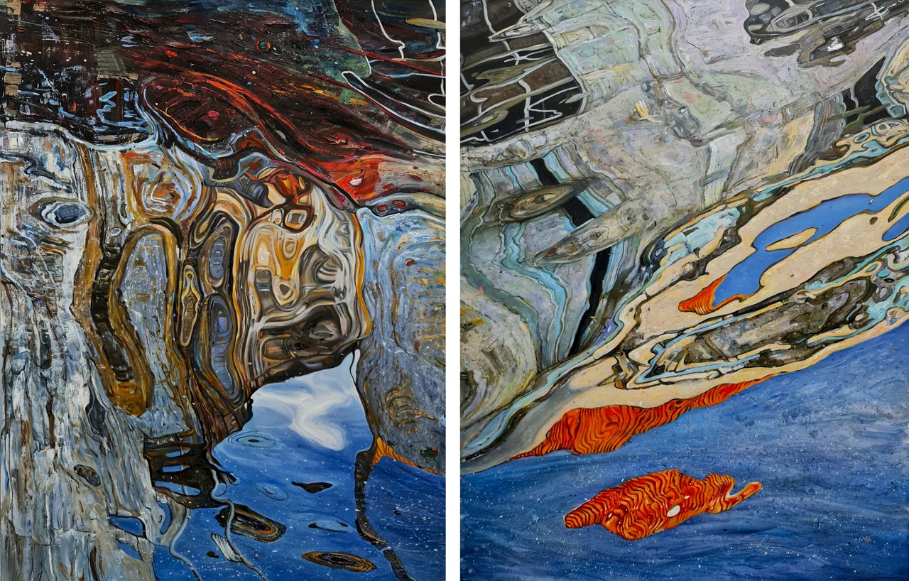Specular Water XII, 2024, oil on canvas, diptych — painting by Luis Alberto Saldaña